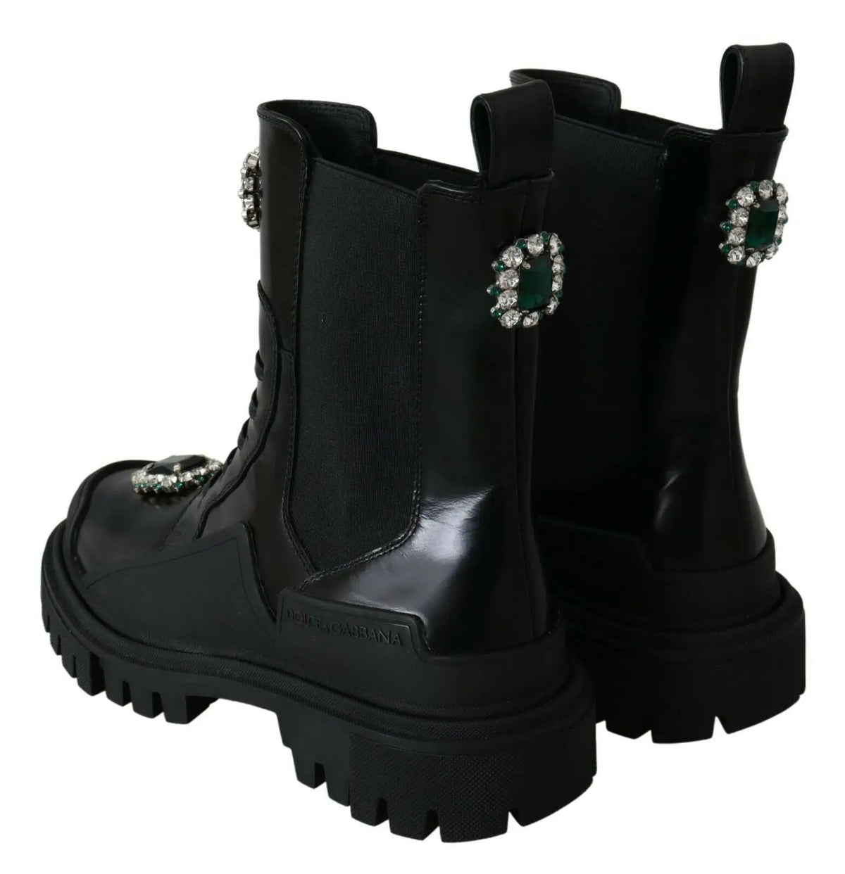 Vue arrière des bottes combat dolce & gabbana en cuir noir avec ornements émeraude verts et cristaux