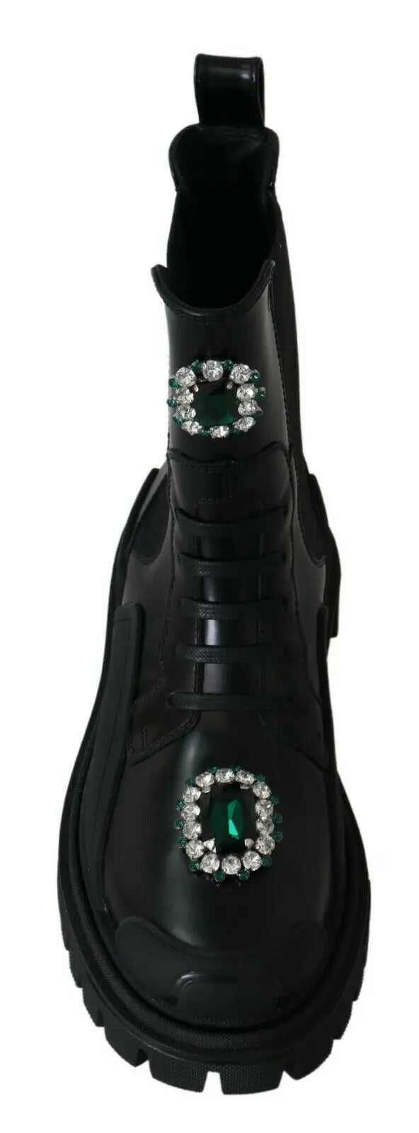 Dolce & gabbana bottes de combat en cuir noir décorées de deux pierres précieuses émeraude entourées de cristaux clairs