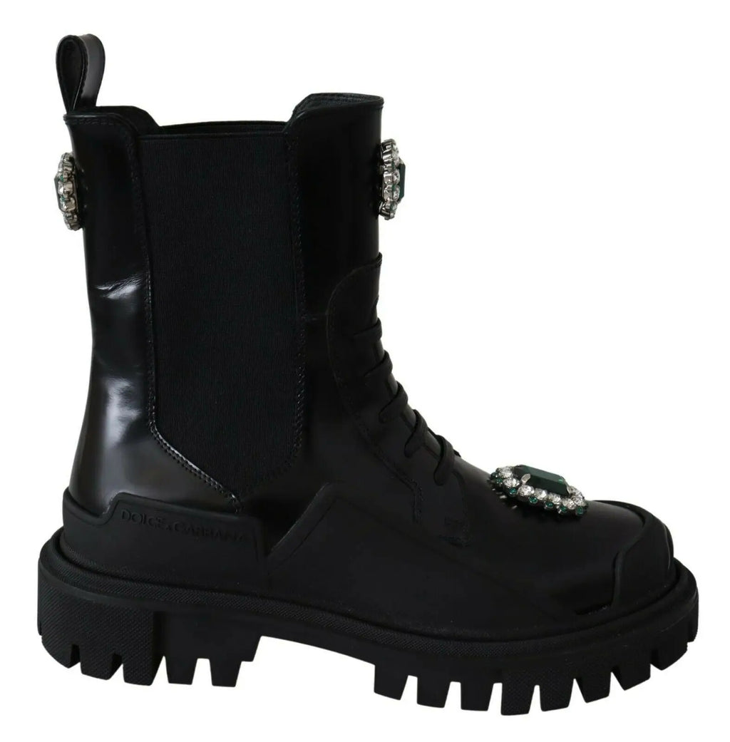 Bottes de combat en cuir noir dolce gabbana avec semelles épaisses et ornements en cristaux
