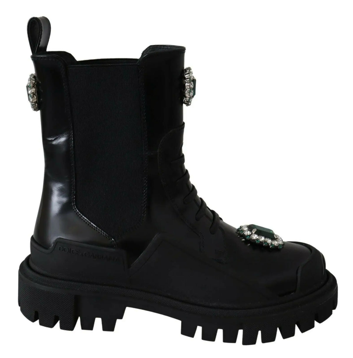 Bottes de combat en cuir noir dolce gabbana avec semelles épaisses et ornements en cristaux