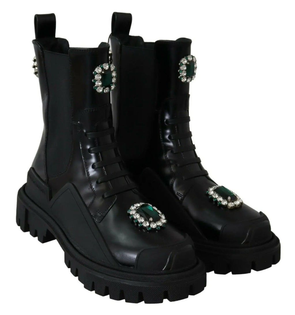 Dolce & gabbana bottes de combat en cuir noir ornées de cristaux et émeraudes aux côtés, bouts et tirants