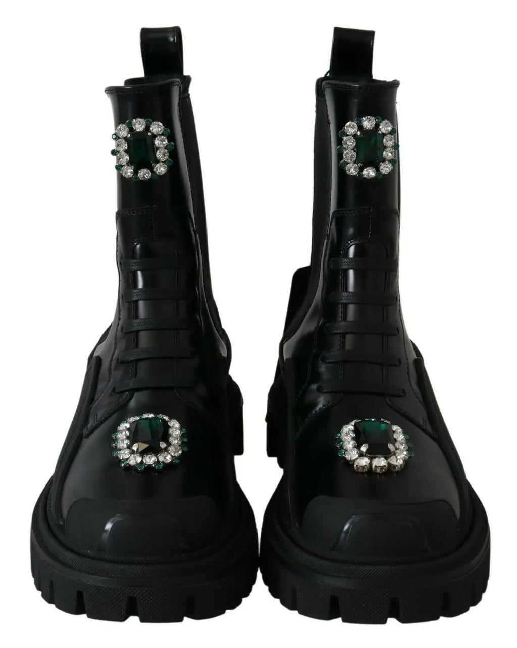 Dolce & Gabbana bottes de combat en cuir noir avec pierres vert émeraude et strass sur la cheville et le bout