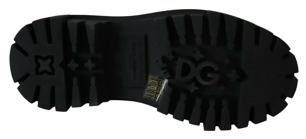 Semelle noire en caoutchouc avec motif de crampons agressifs et logo d&g embossé des bottes de combat en cuir dolce & gabbana