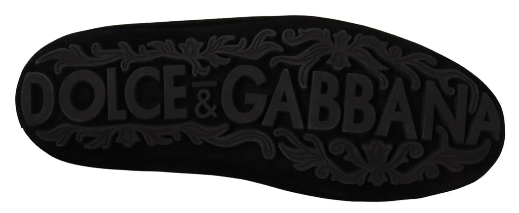 Semelle arrière noire dolce & gabbana en cuir avec logo embossé et détails floraux ornementaux pour mocassins couronne cristal or