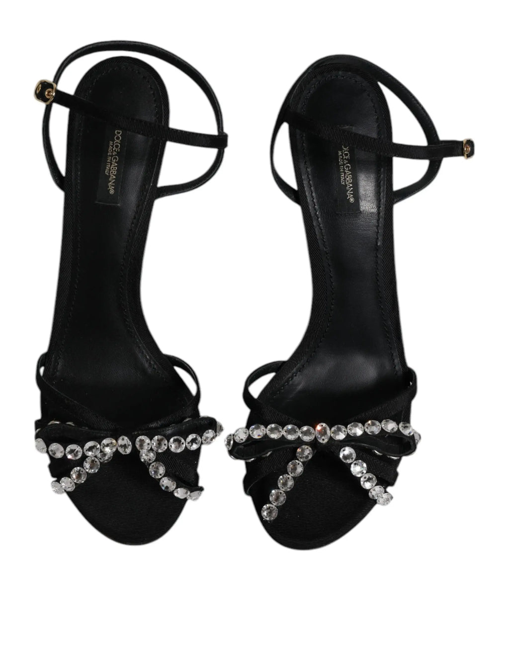 Sandales à talons dolce & gabbana noires en cuir avec design à lanières et ornements en cristaux sur le devant