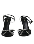 Dolce & gabbana sandales à talons en cuir noir satin avec nœud décoratif et strass transparents sur la bride
