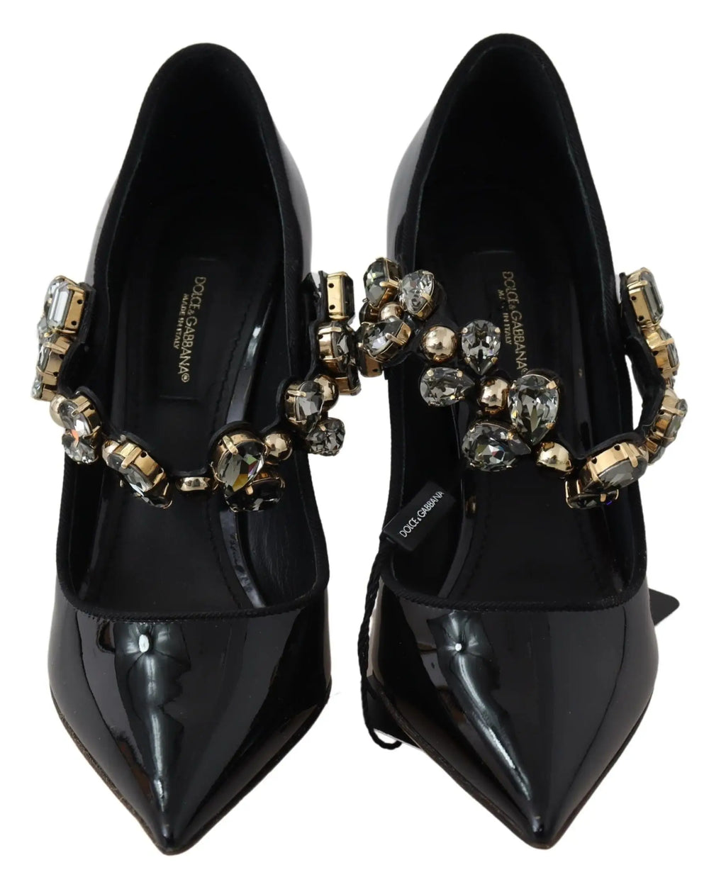 Dolce & gabana mary jane pumps en cuir noir verni avec bride décorative ornée de cristaux et ferrures dorées