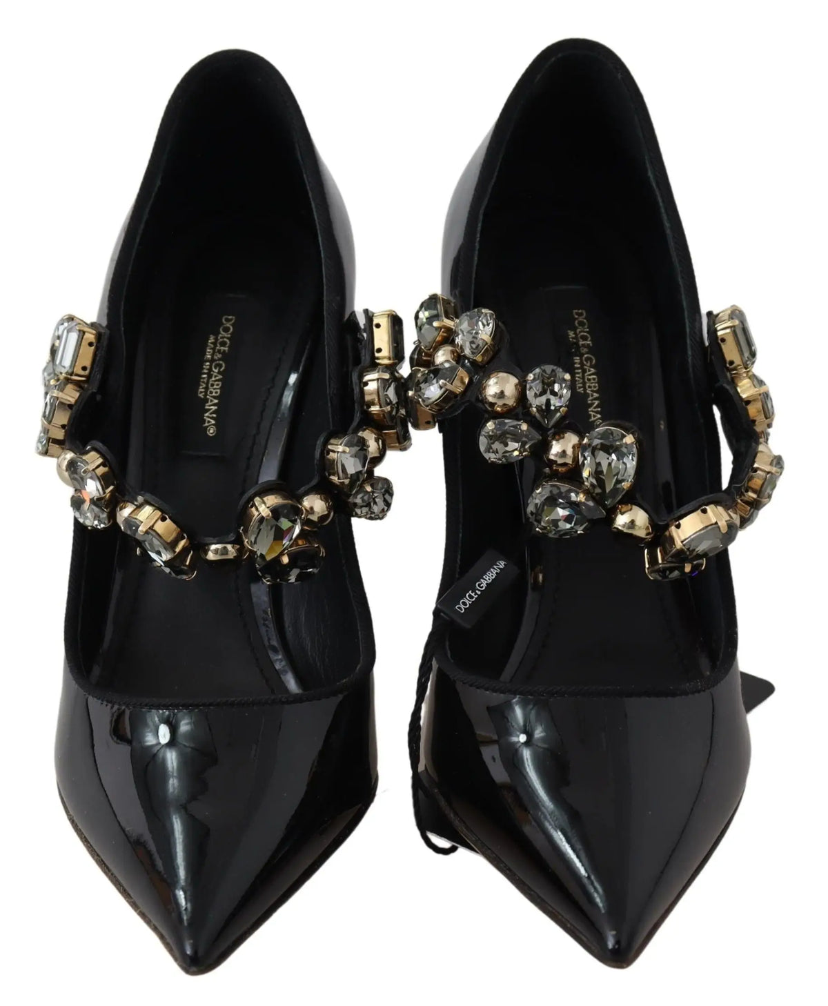 Dolce & gabana mary jane pumps en cuir noir verni avec bride décorative ornée de cristaux et ferrures dorées