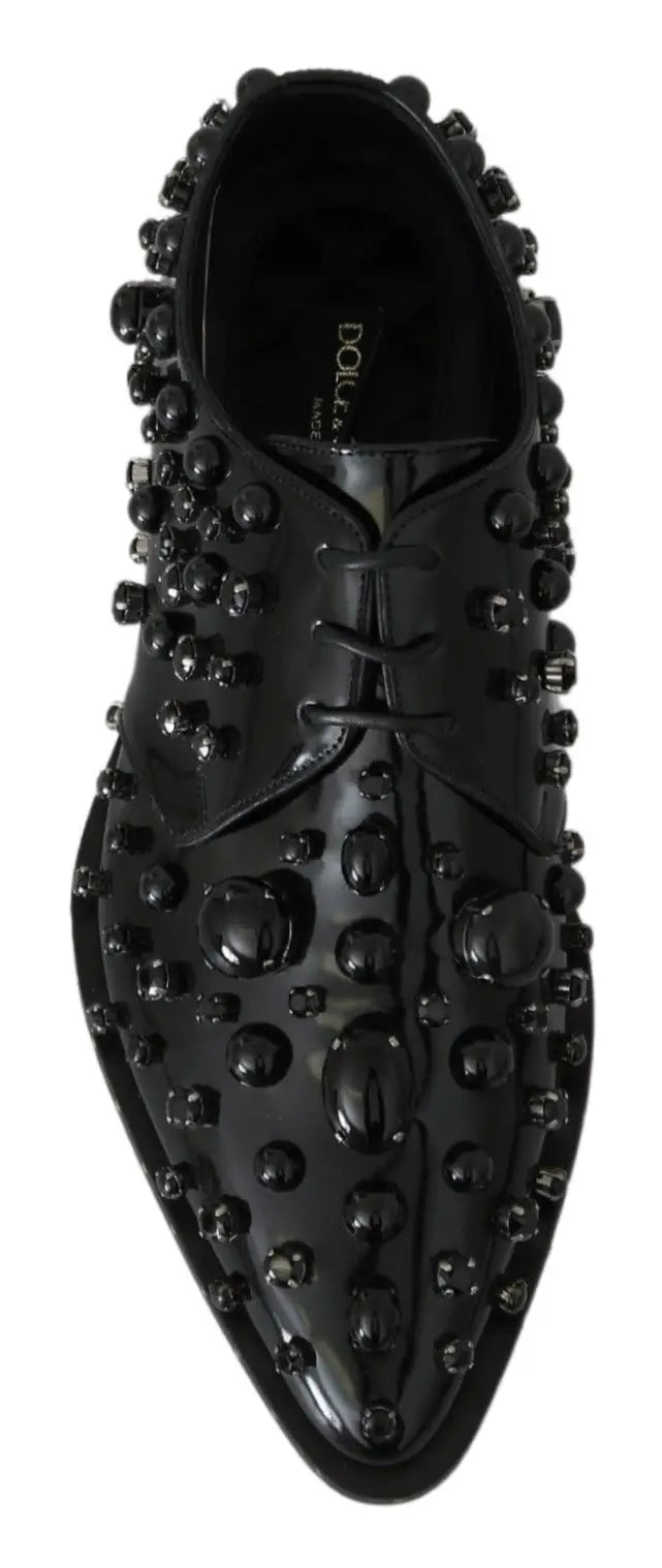 Dolce & gabbana black leather crystals dress brogue shoes en cuir verni avec clous sphériques noirs brillants