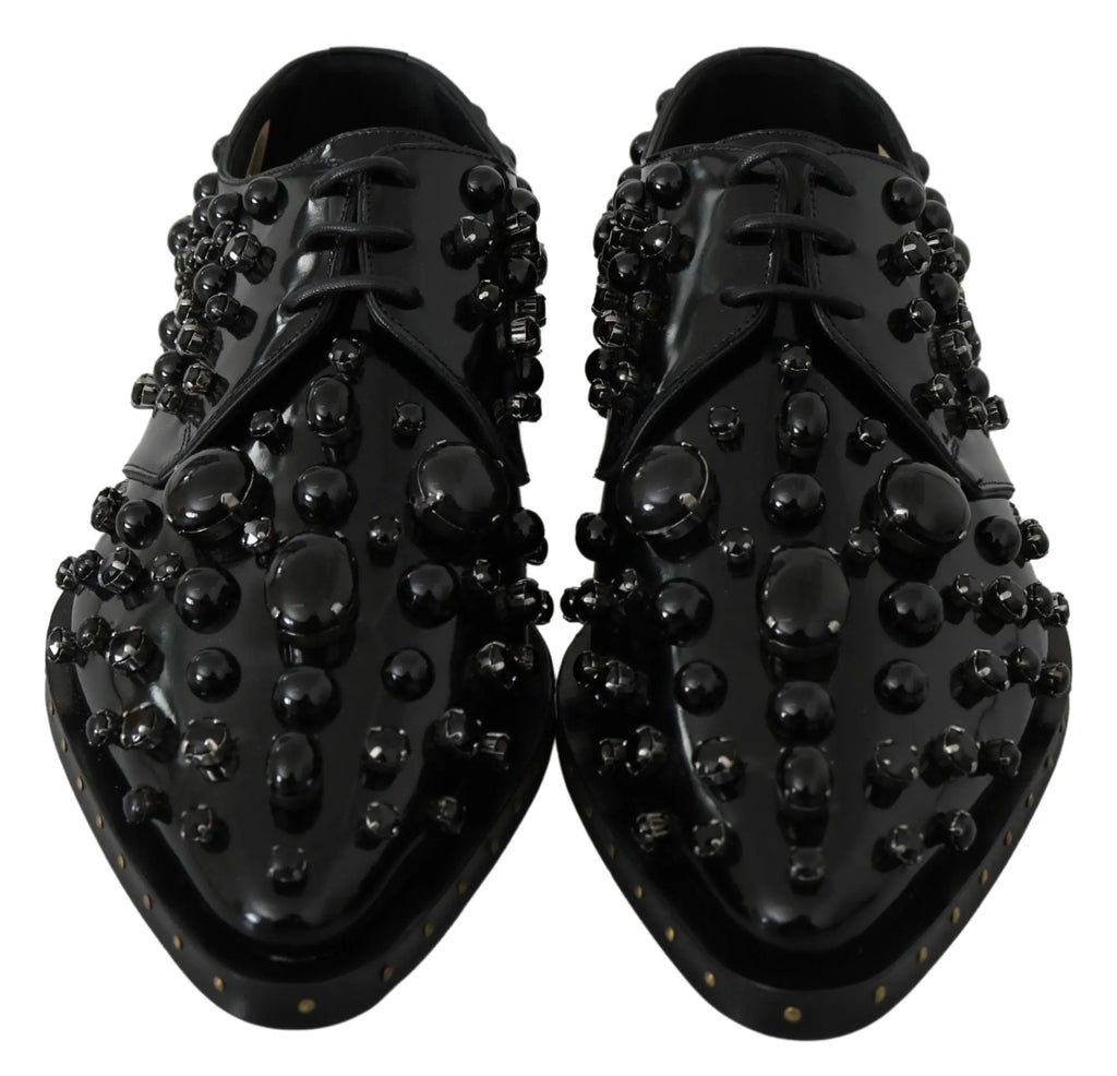 Dolce & gabbana chaussures brogues en cuir noir ornées de perles et clous noirs brillants en cuir verni