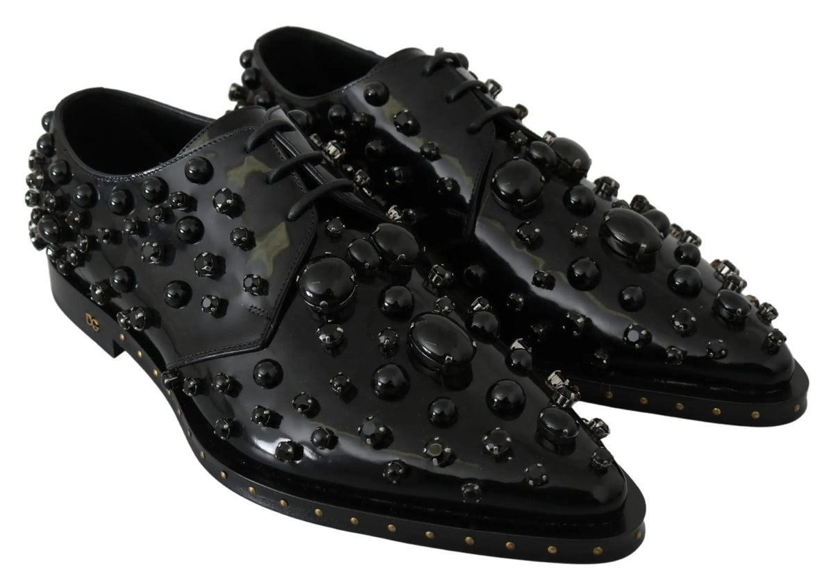 Dolce & gabbana chaussures habillées brogues en cuir noir avec clous ronds et décorations ovales en cristal