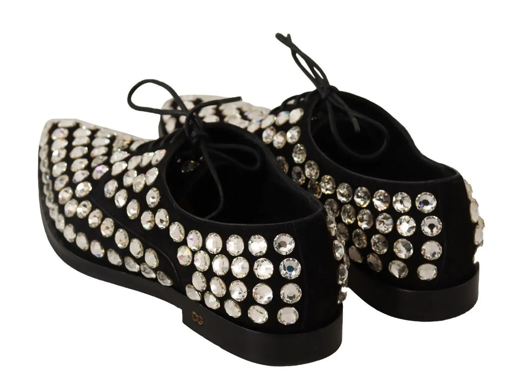 Dolce & gabbana chaussures formelles noires en cuir avec lacets ornées de strass clairs scintillants en daim