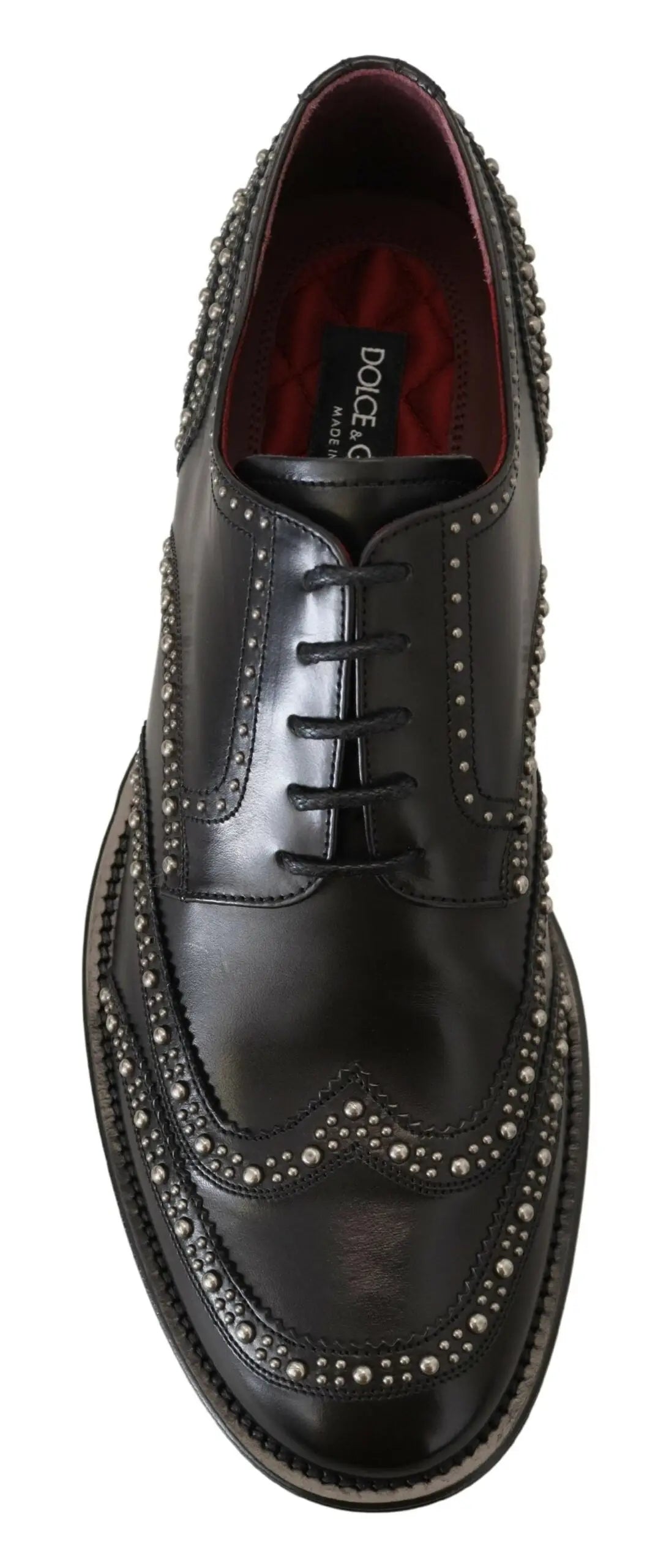 Dolce & gabbana chaussure derby noire en cuir avec clous argentés et doublure intérieure rouge