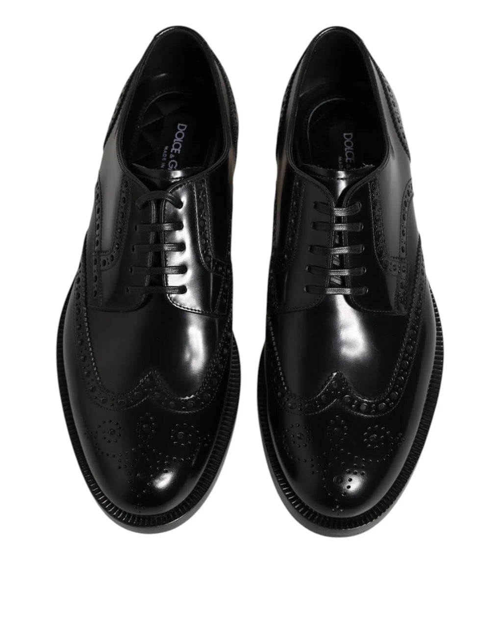 Dolce & gabbana chaussures derby wingtip en cuir noir avec finition polie et perforations décoratives pour homme