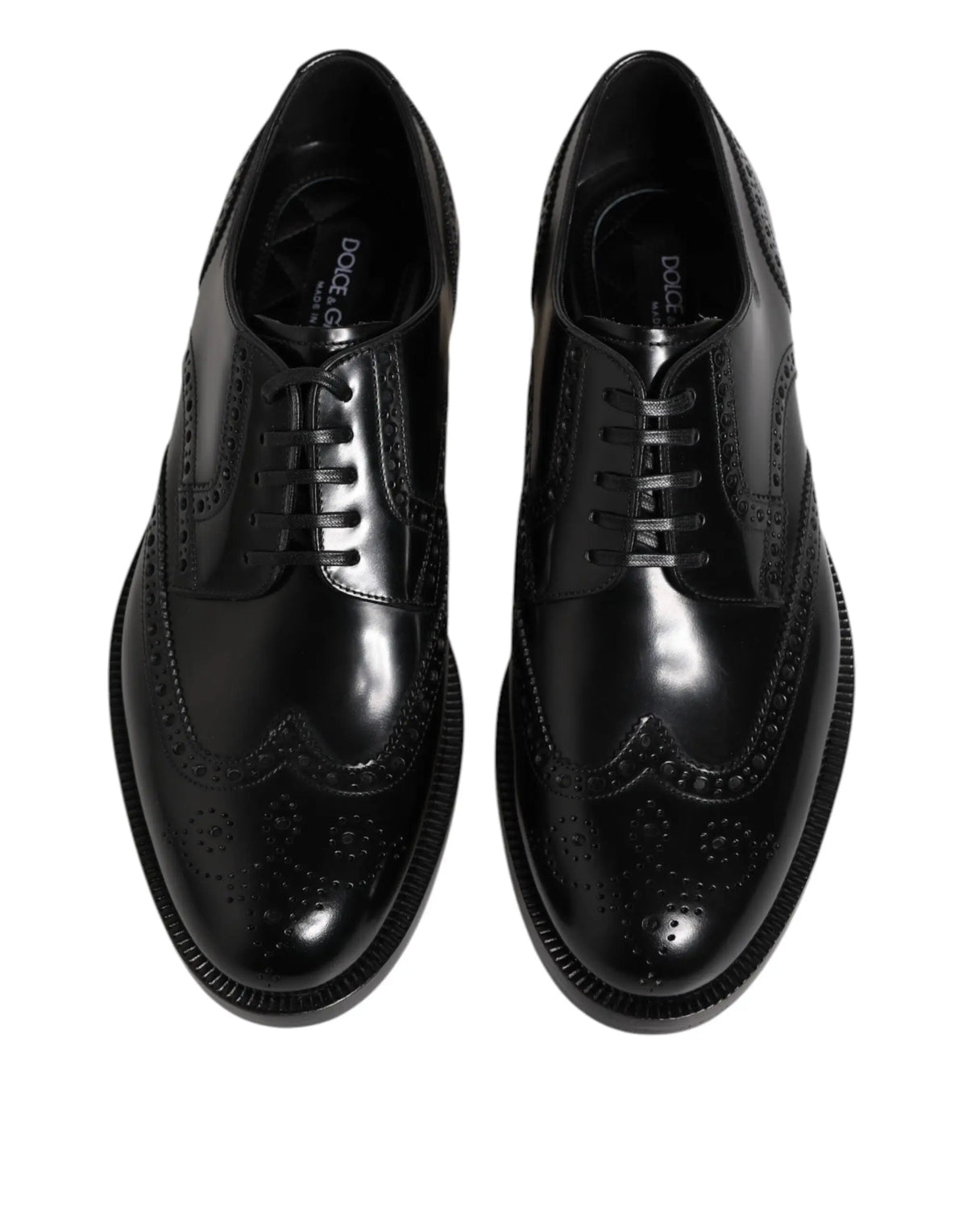 Dolce & gabbana chaussures derby wingtip en cuir noir avec finition polie et perforations décoratives pour homme