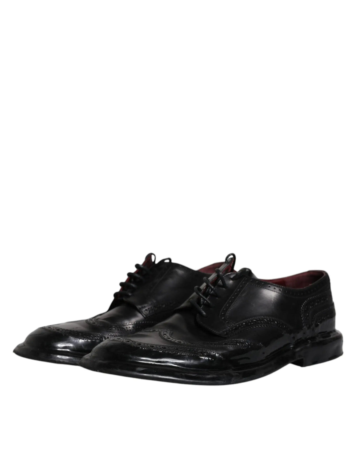 Dolce & gabbana chaussures derby noires en cuir avec finition brillante en cuir verni et lacets foncés
