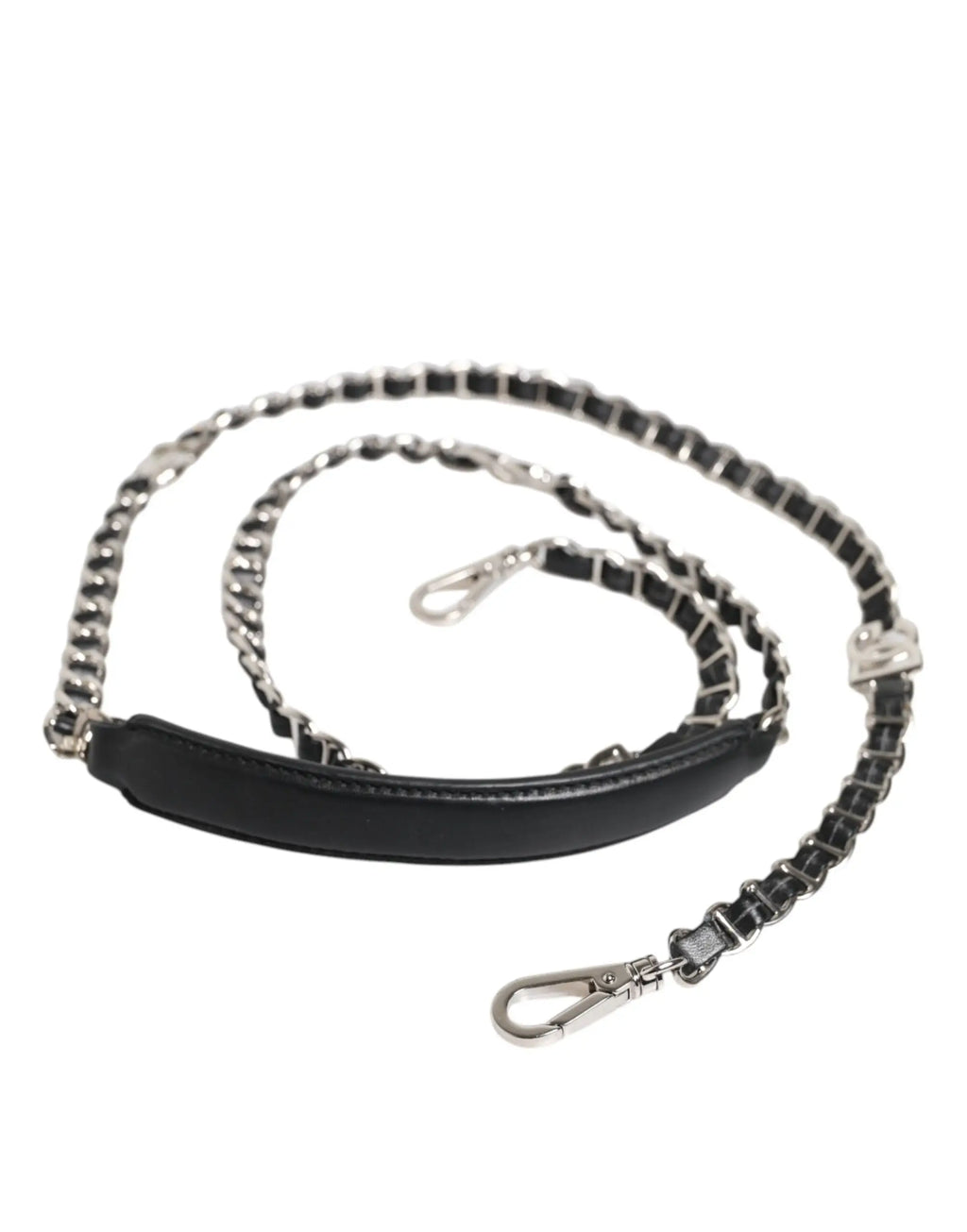 Sangle d’épaule dolce & gabbana en cuir noir avec maillons de chaîne argentés et ferrures métalliques