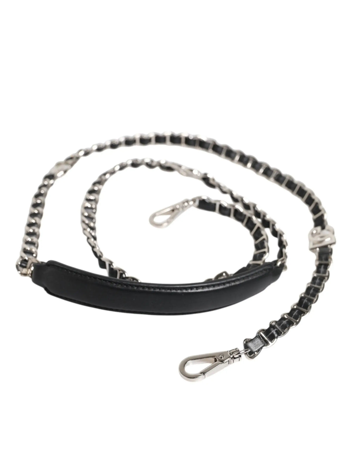 Sangle d’épaule dolce & gabbana en cuir noir avec maillons de chaîne argentés et ferrures métalliques