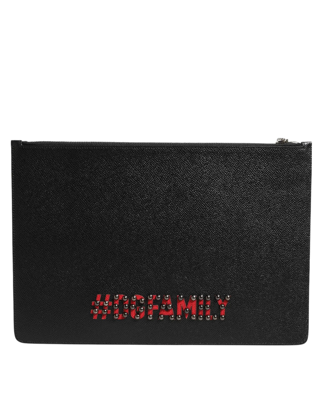 Dolce & gabbana clutch homme en cuir noir texturé avec logo #hofamily clouté rouge et argent