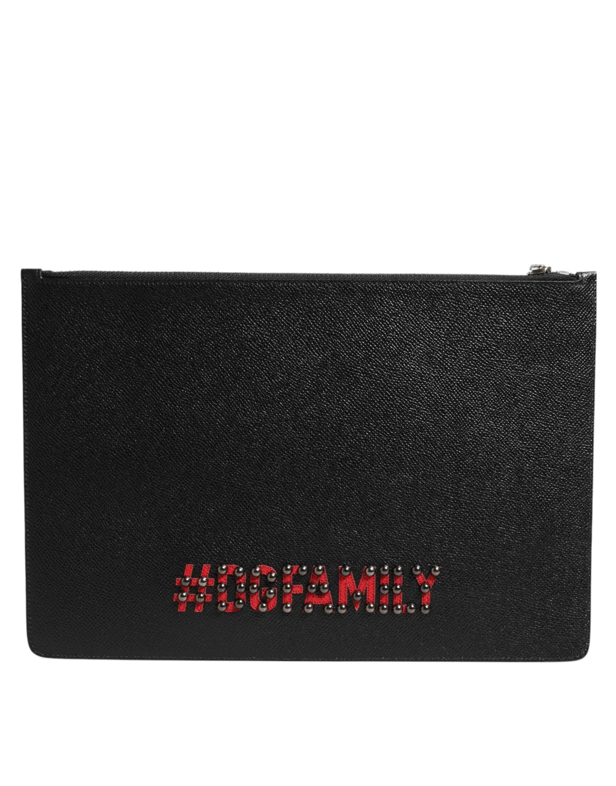 Dolce & gabbana clutch homme en cuir noir texturé avec logo #hofamily clouté rouge et argent
