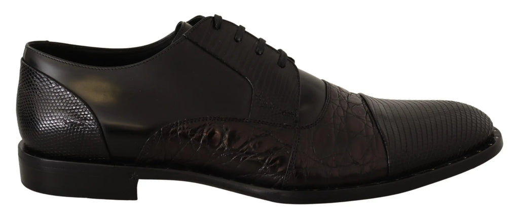 Chaussure homme noire dolce & gabbana en cuir verni avec panneaux texturés contrastés au talon et bout-pointu