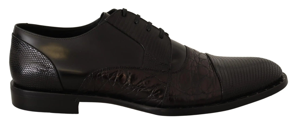 Chaussure homme noire dolce & gabbana en cuir verni avec panneaux texturés contrastés au talon et bout-pointu