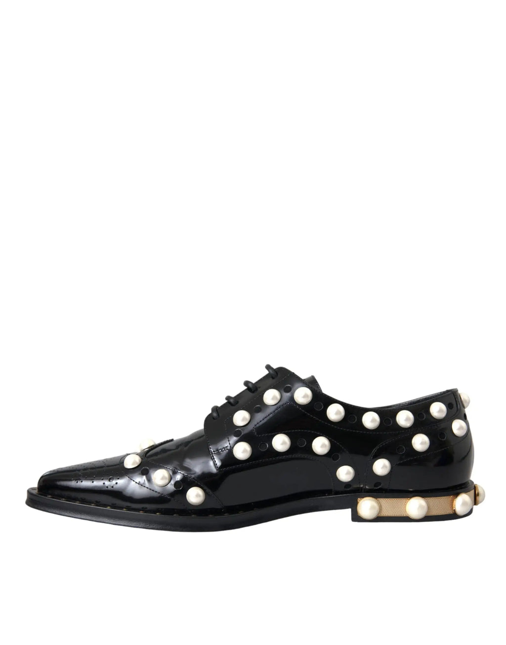 Dolce & gabbana chaussures brogue en cuir noir verni ornées de fausses perles blanches au bout, empeigne et contrefort