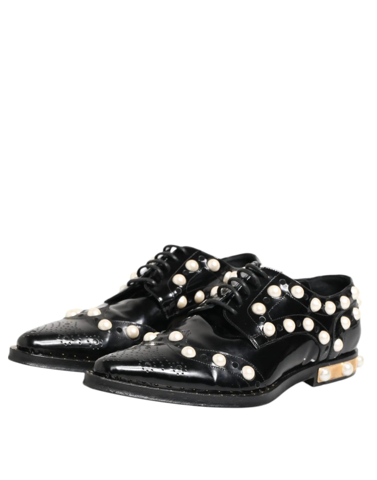 Dolce & gabbana black leather brogue shoes with white faux pearl studs and translucent patterned heel