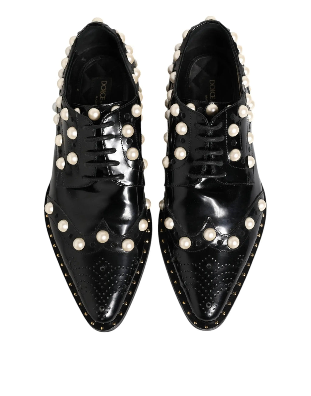Dolce and Gabbana chaussures brogue en cuir noir avec perles fausses blanches et clous argentés élégantes