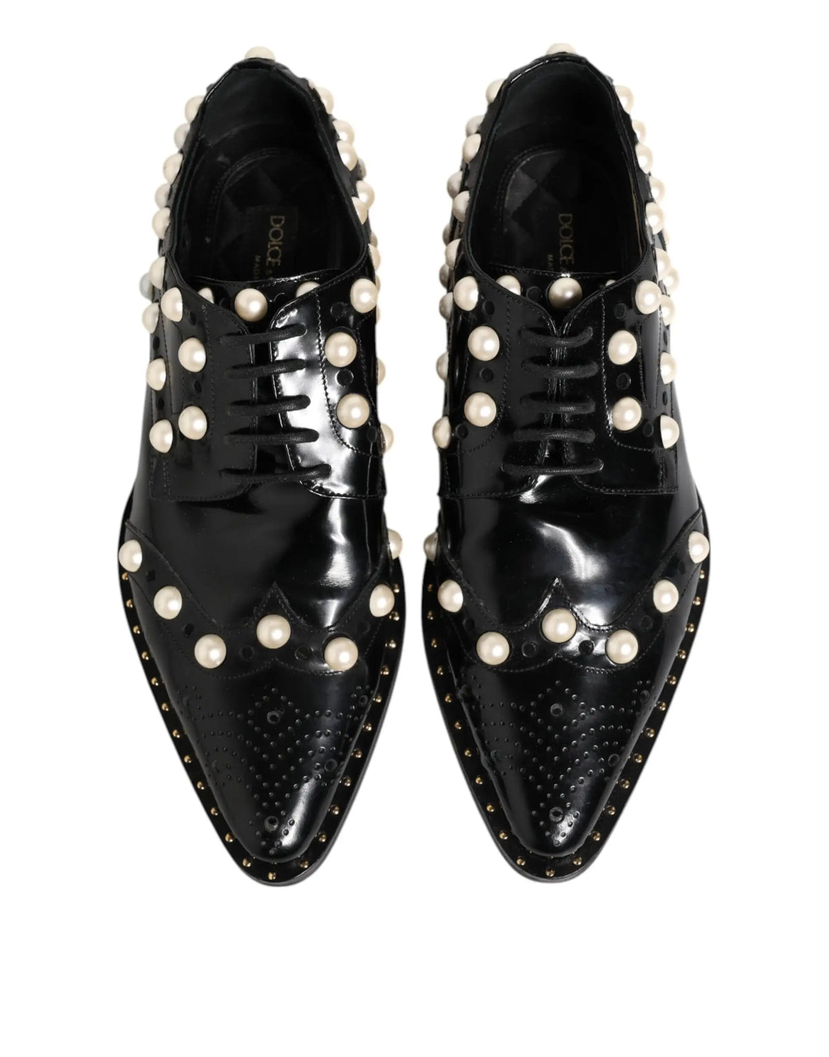 Dolce and Gabbana chaussures brogue en cuir noir avec perles fausses blanches et clous argentés élégantes
