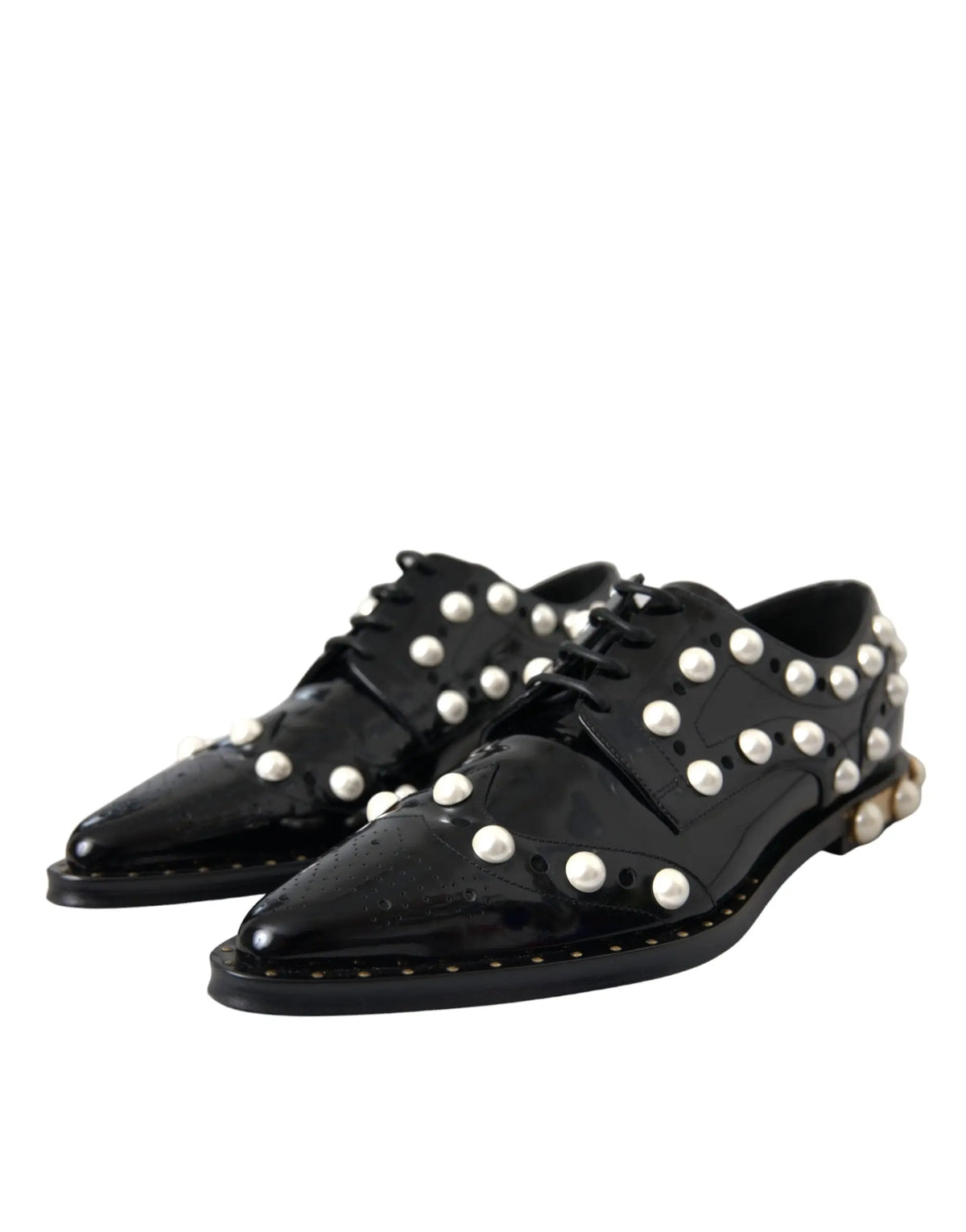 Dolce & gabbana chaussures brogue en cuir noir verni ornées de perles blanches fausses en oxford