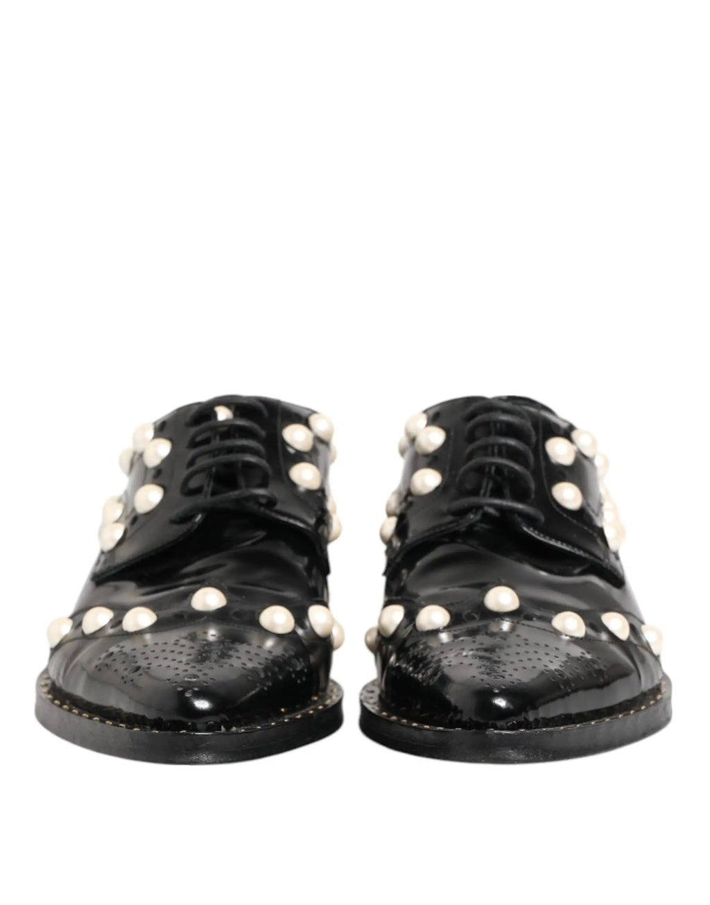 Dolce & gabbana chaussures brogues en cuir noir verni avec perles blanches fausses pour tenue habillée