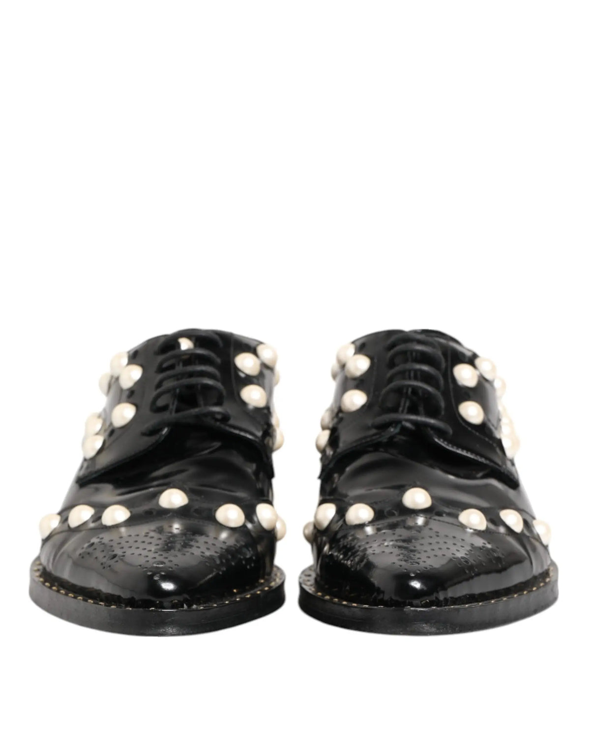 Dolce & gabbana chaussures brogues en cuir noir verni avec perles blanches fausses pour tenue habillée