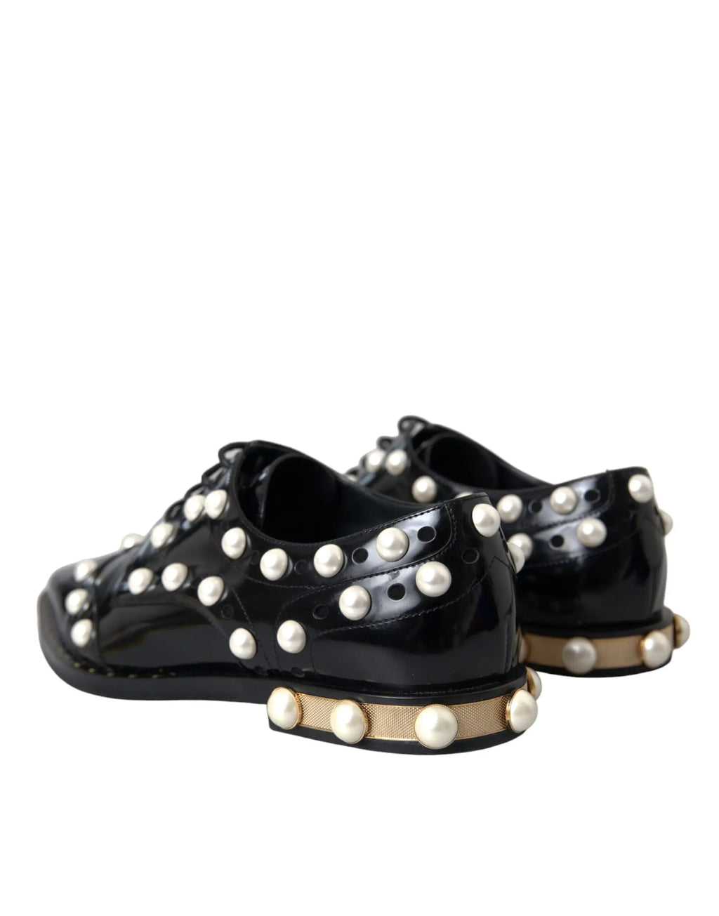 Dolce & gabbana chaussures brogues noires en cuir verni ornées de perles blanches fausses sur les côtés et la semelle