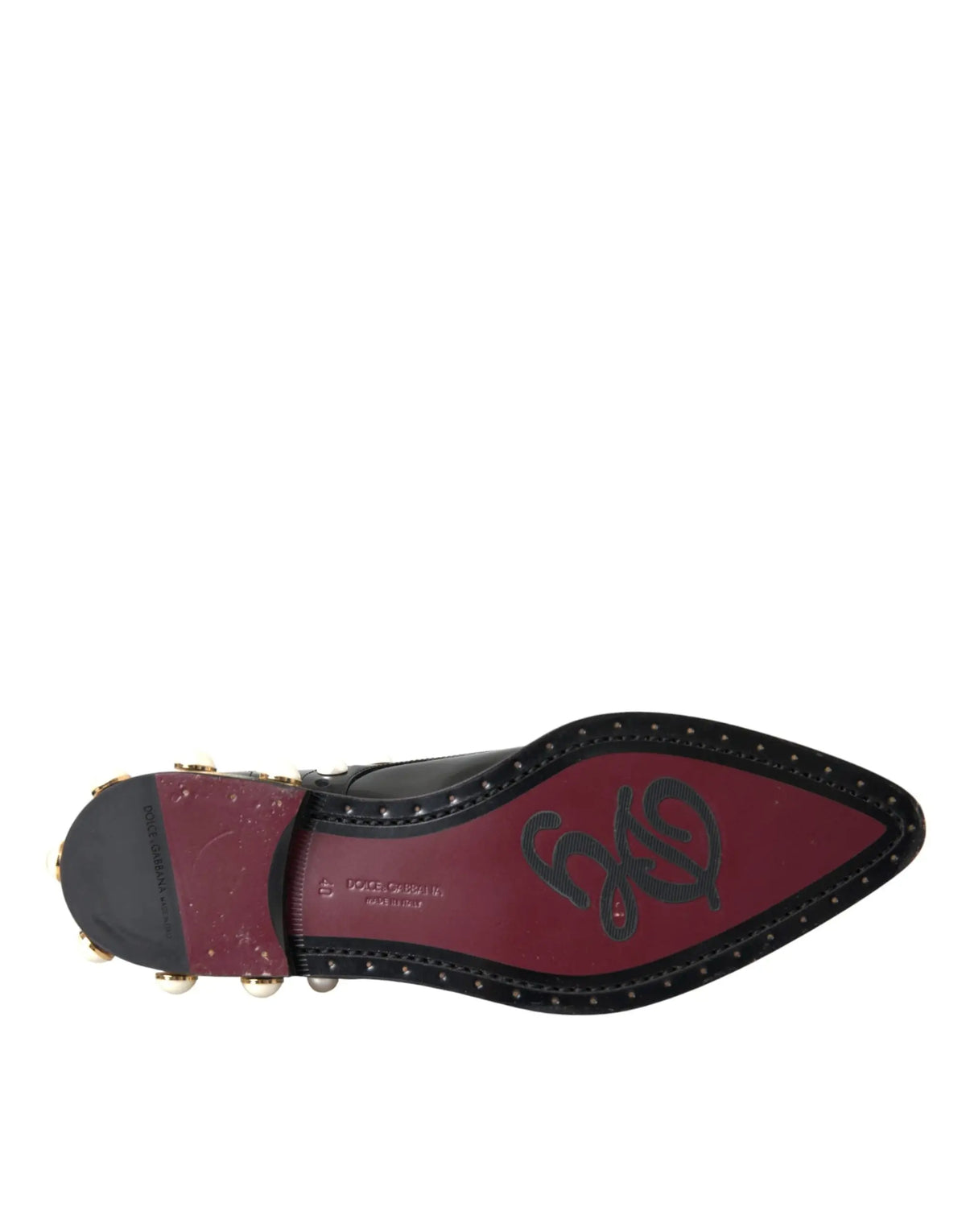 Dolce & gabbana black leather faux pearl dress brogue shoes with pointed toe red insole and silver studs