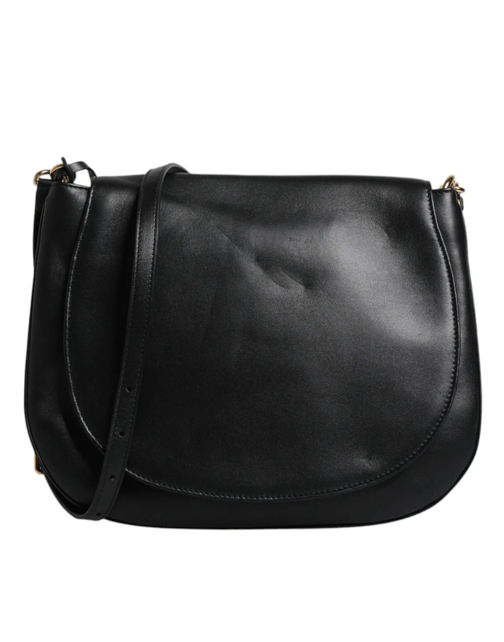 Dolce & gabbana sac bandoulière selle en cuir noir avec finition lisse légèrement brillante et accessoires dorés