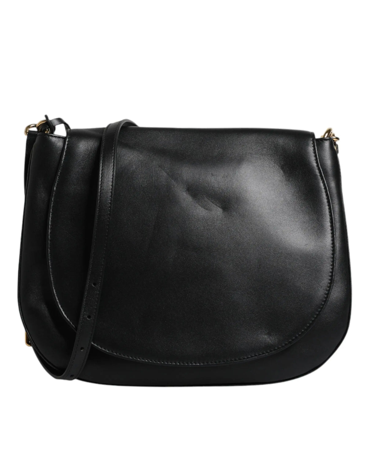 Dolce & gabbana sac bandoulière selle en cuir noir avec finition lisse légèrement brillante et accessoires dorés
