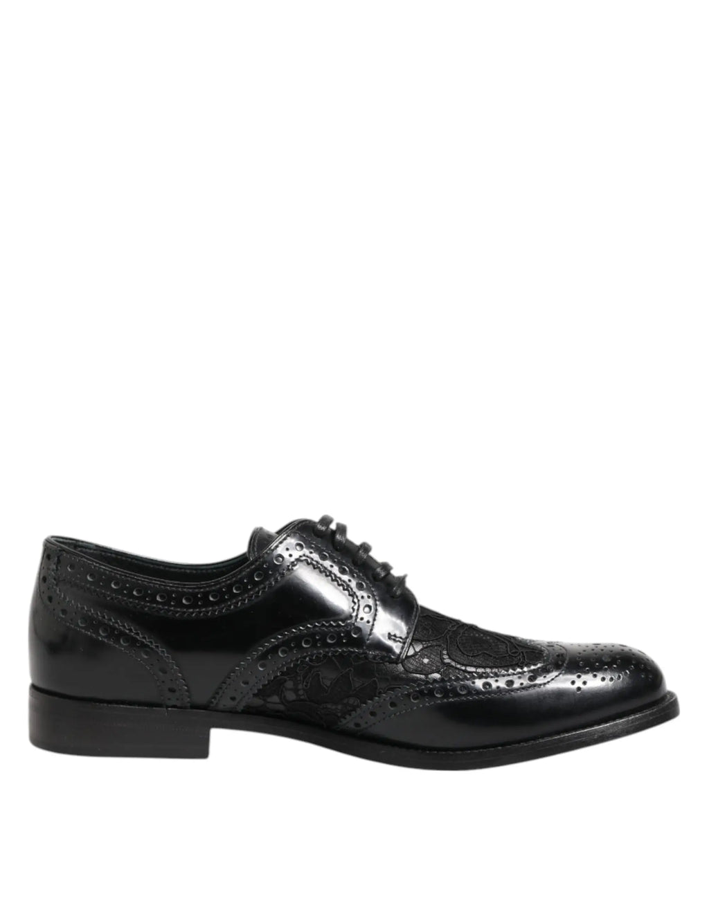 Dolce & gabbana chaussures formelles noires en cuir avec finition polie et détails perforés floraux en brogue oxford