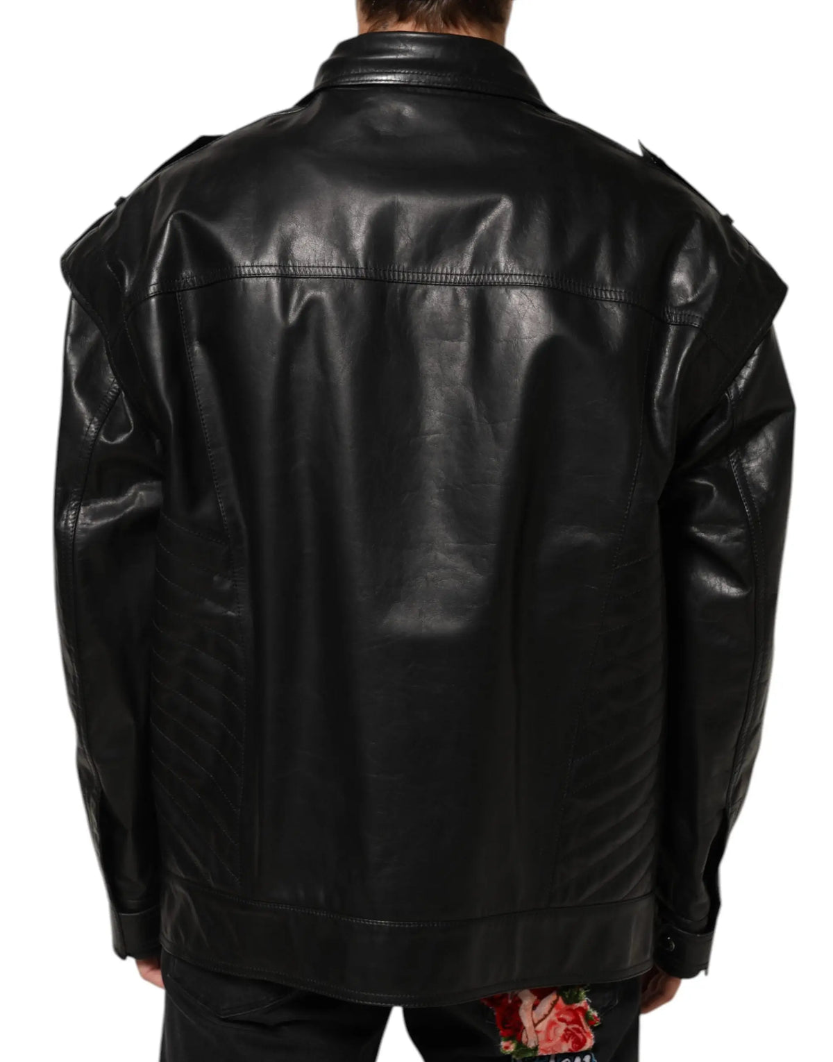 Dolce & gabbana blouson biker en cuir noir à fermeture éclair intégrale avec épaules structurées et finition brillante