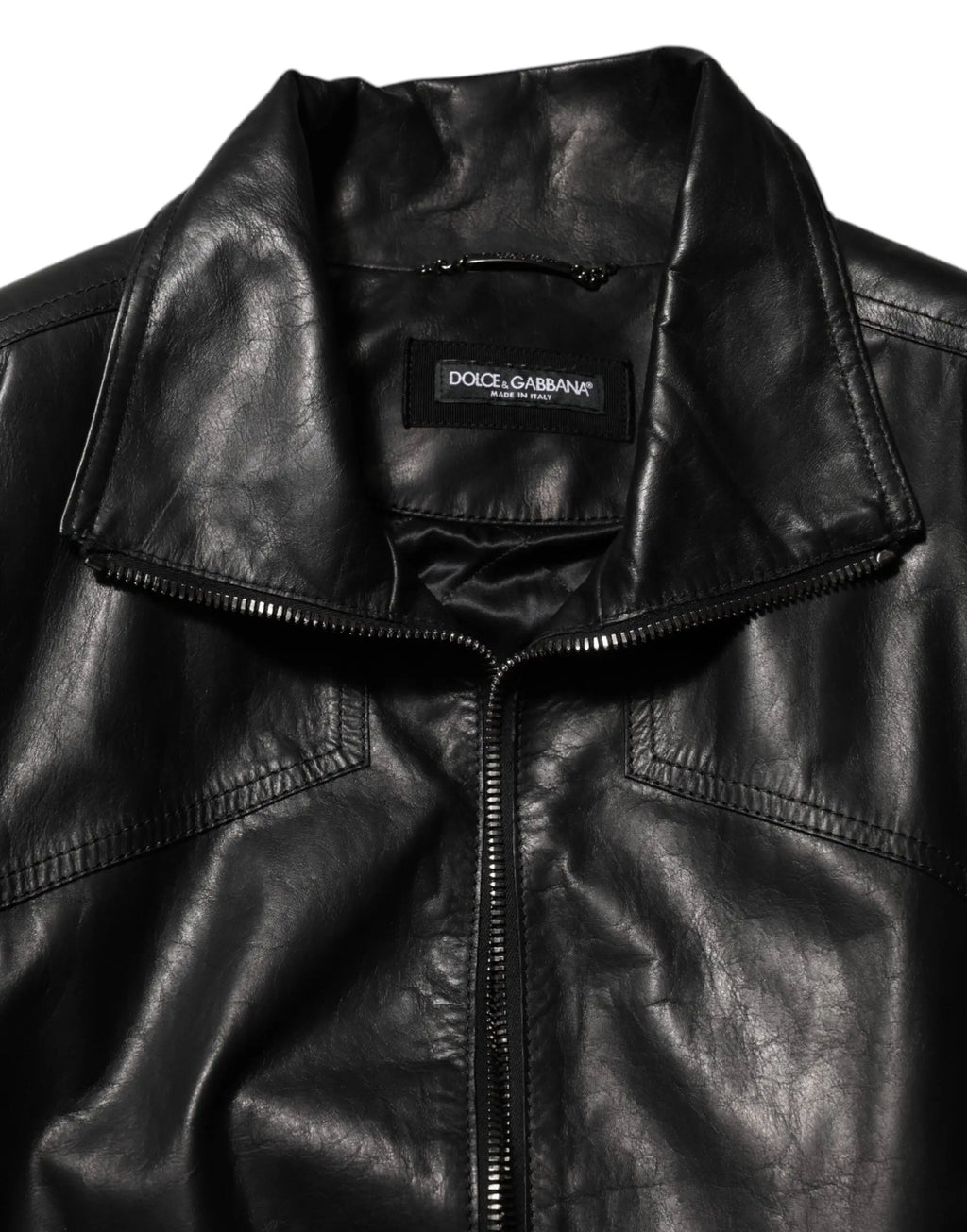 Veste dolce & gabbana en cuir noir biker blouson avec col structuré et fermeture éclair intégrale