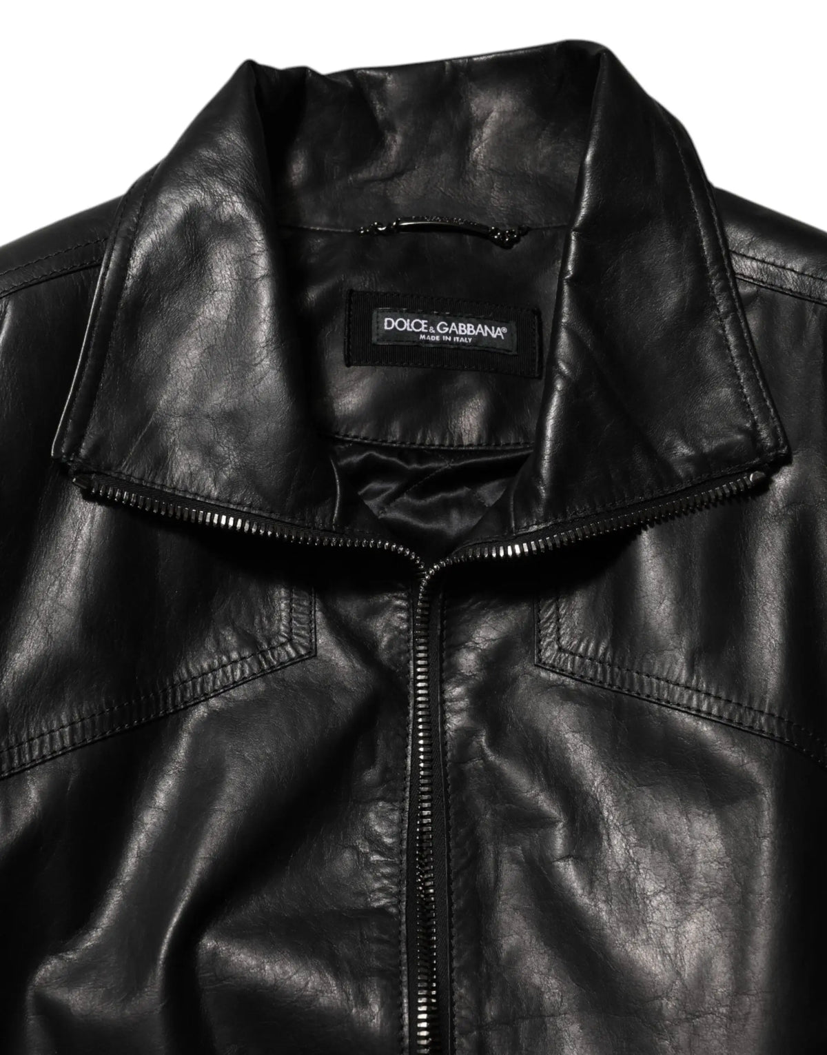 Veste dolce & gabbana en cuir noir biker blouson avec col structuré et fermeture éclair intégrale