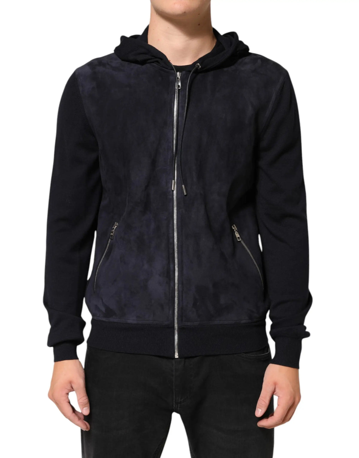 Dolce gabbana veste blouson à capuche en cuir noir avec fermeture éclair complète et poches latérales en daim