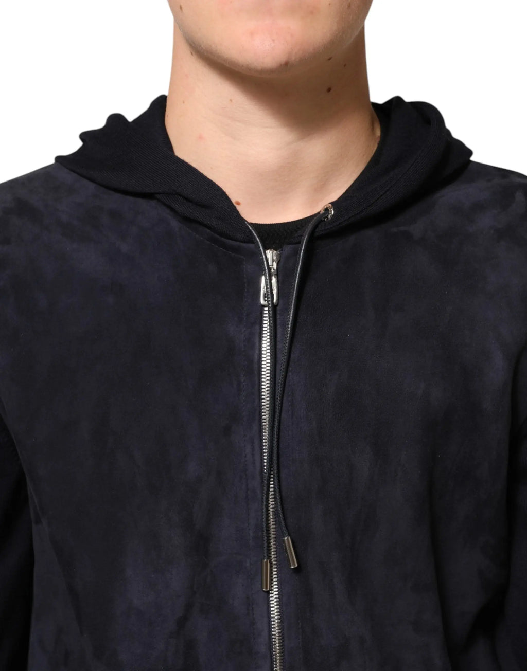 Dolce & Gabbana blouson à capuche noir en cuir avec fermeture éclair argentée et cordons assortis en suède