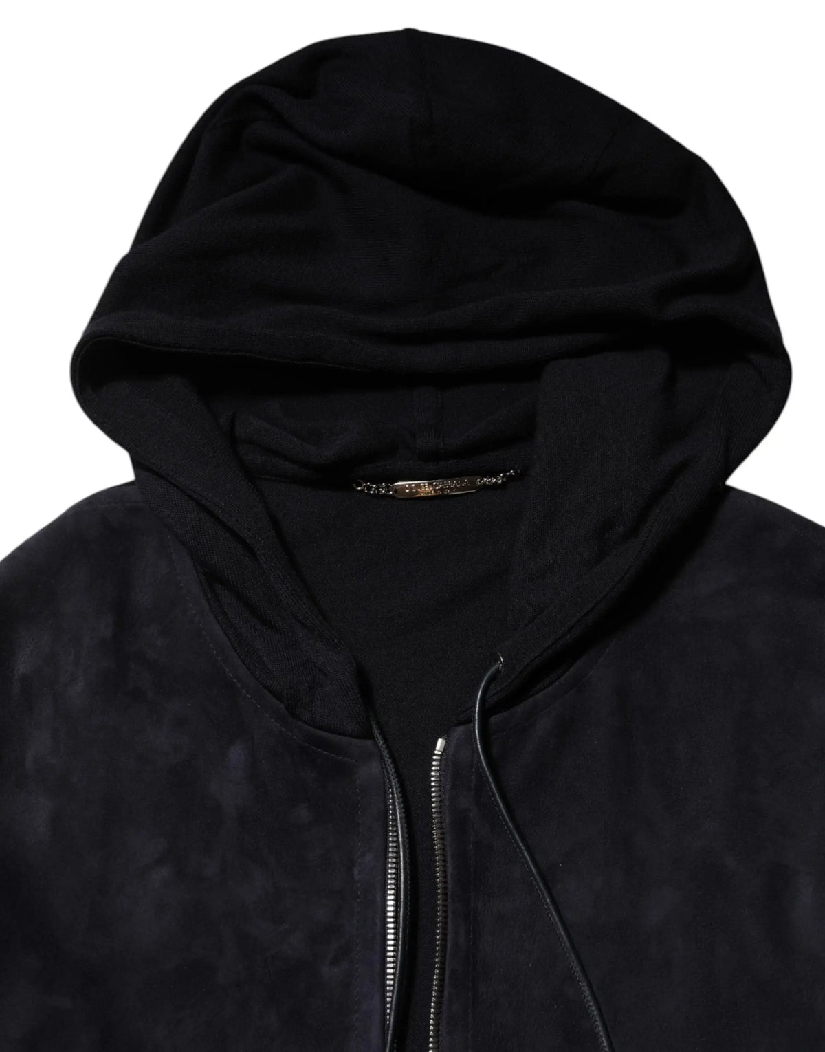 Dolce & gabbana veste blouson à capuche zippé en cuir noir avec finition en suède doux et nuances tonales subtiles