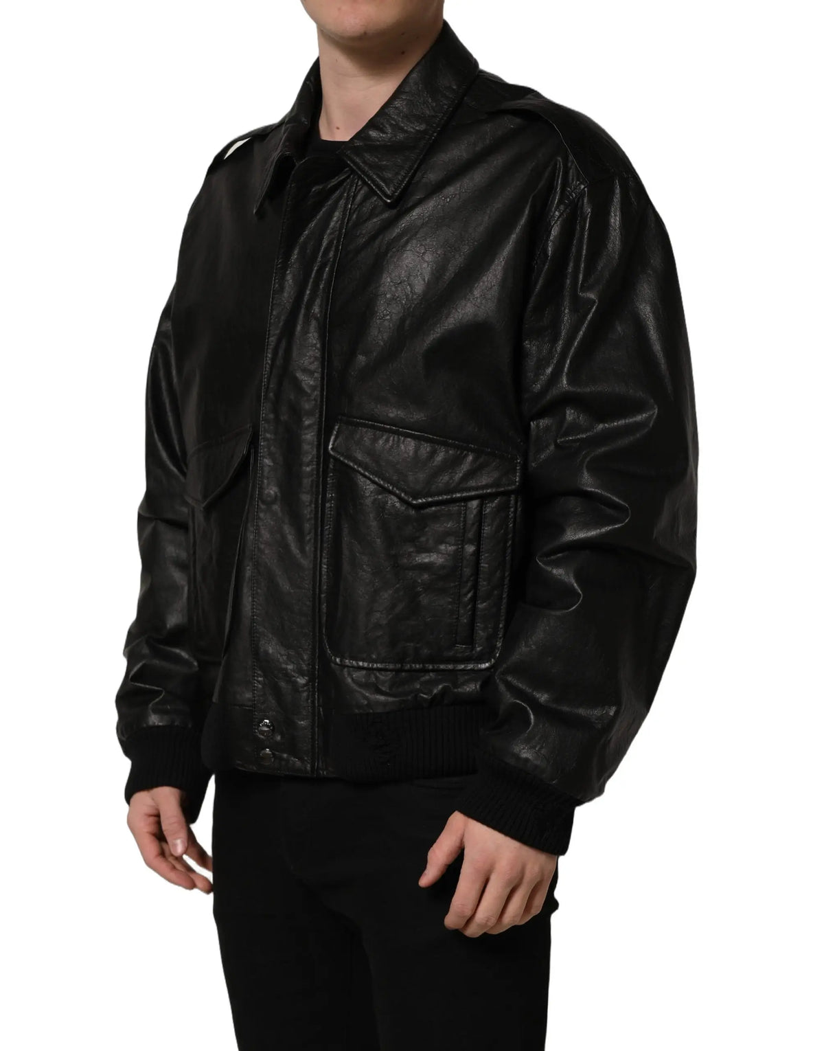 Dolce & gabbana veste biker homme en cuir noir à fermeture éclair intégrale avec motif texturé subtil et poches à rabat classiques