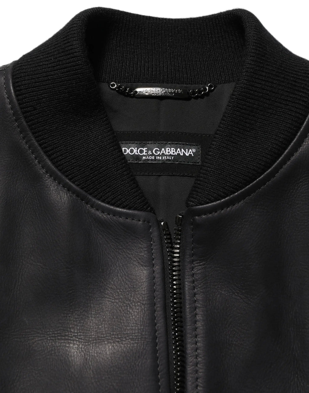 Veste biker pour homme dolce gabbana en cuir noir avec fermeture éclair et col côtelé en tricot