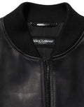 Veste biker pour homme dolce gabbana en cuir noir avec fermeture éclair et col côtelé en tricot