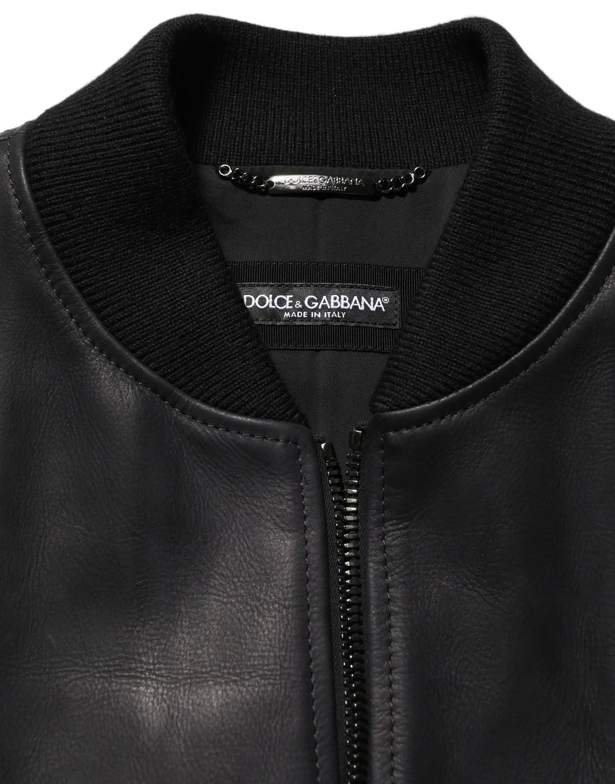 Veste biker pour homme dolce gabbana en cuir noir avec fermeture éclair et col côtelé en tricot