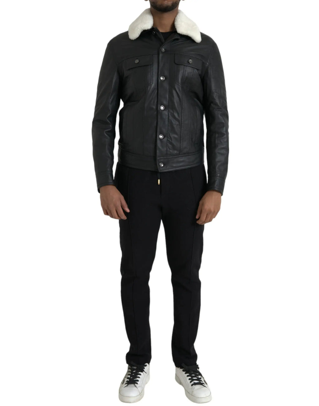Veste motard dolce & gabbana en cuir noir avec col en fourrure blanche en peau lainée