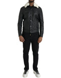 Veste motard dolce & gabbana en cuir noir avec col en fourrure blanche en peau lainée
